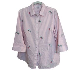 Allison Daley Pink Striped and Floral Embroidered Button Down Blouse